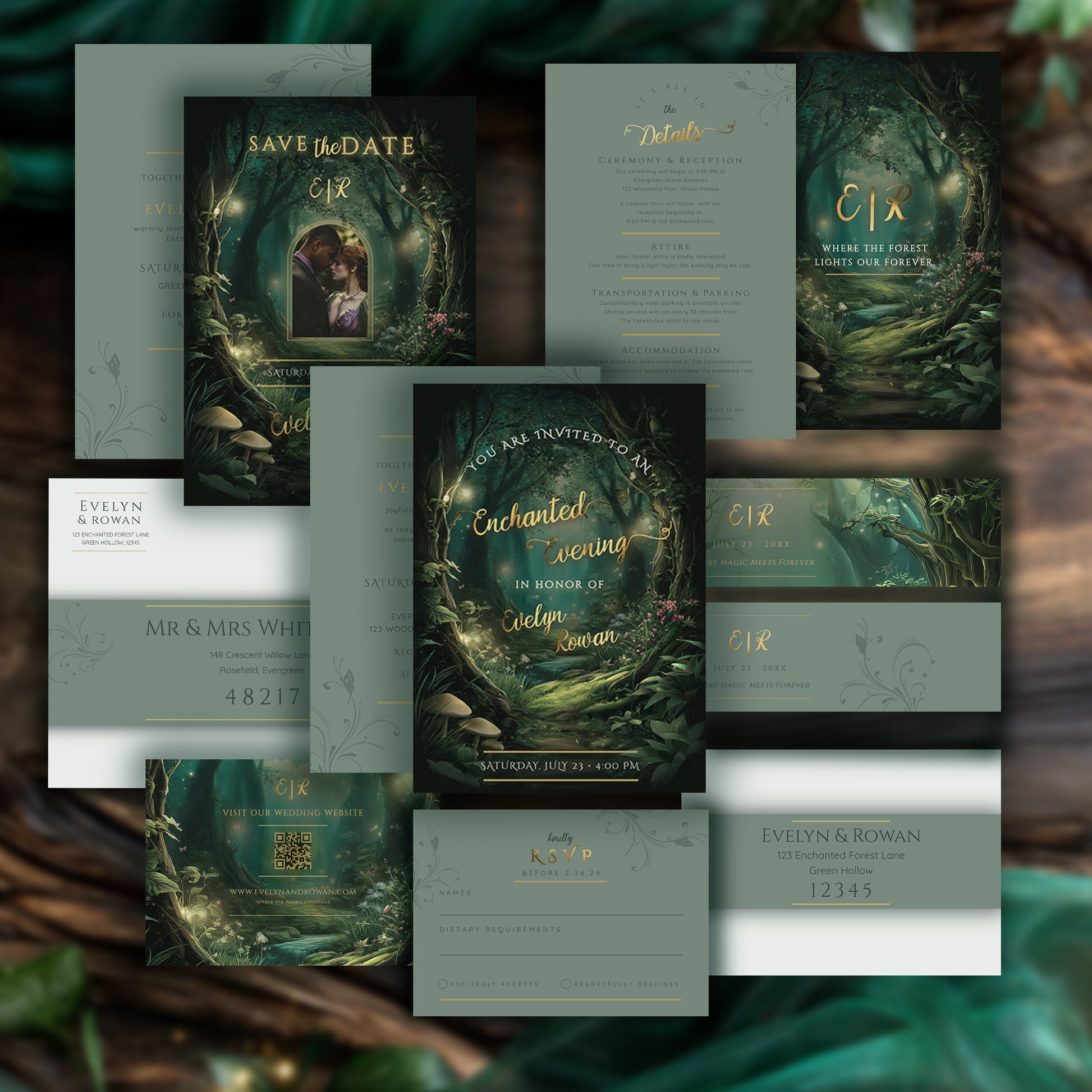 Enchanted Forest Wedding Invitation – Luxury Editable Template Bundle | Digital Suite
