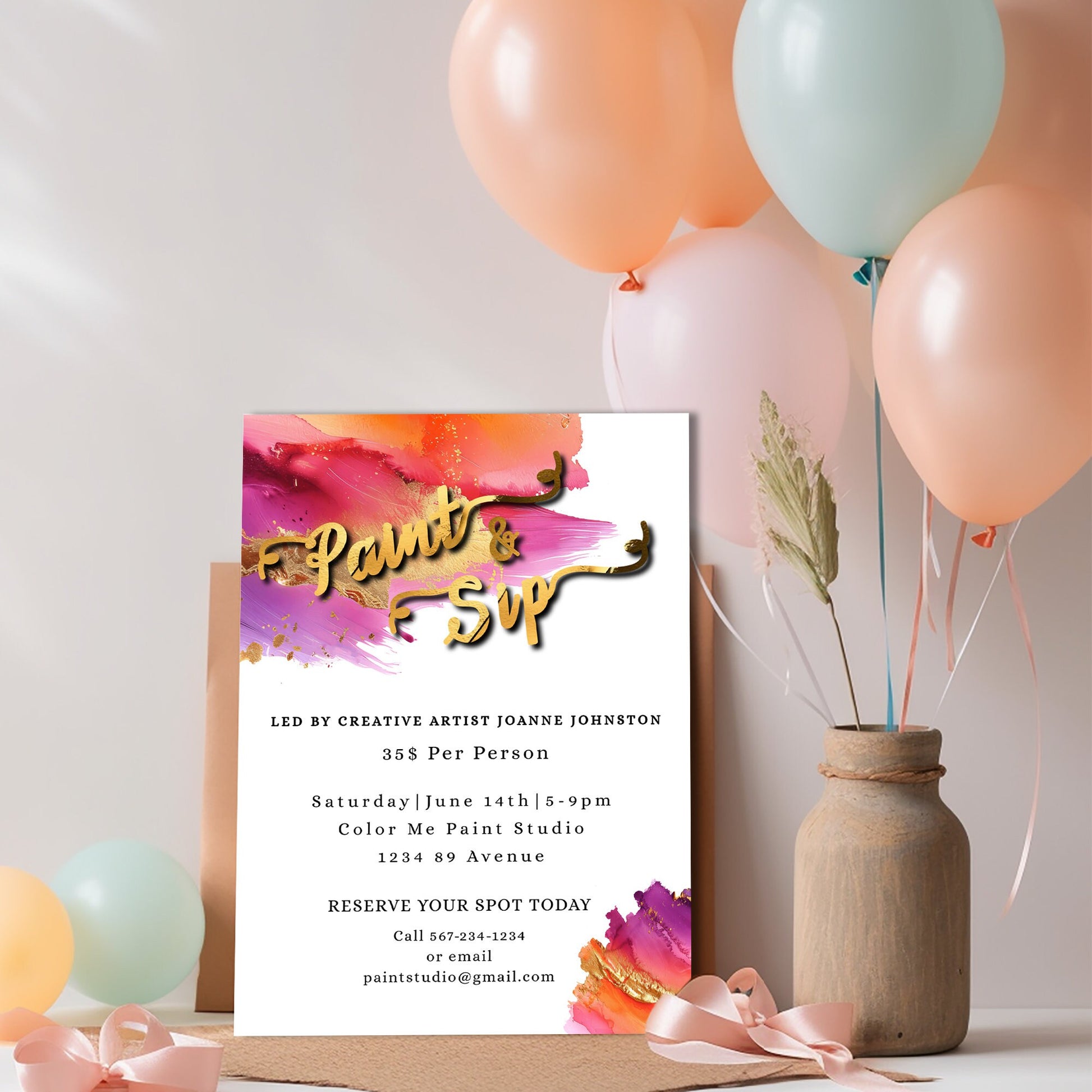 Paint & Sip Invitation – Elegant Art Party Editable Template