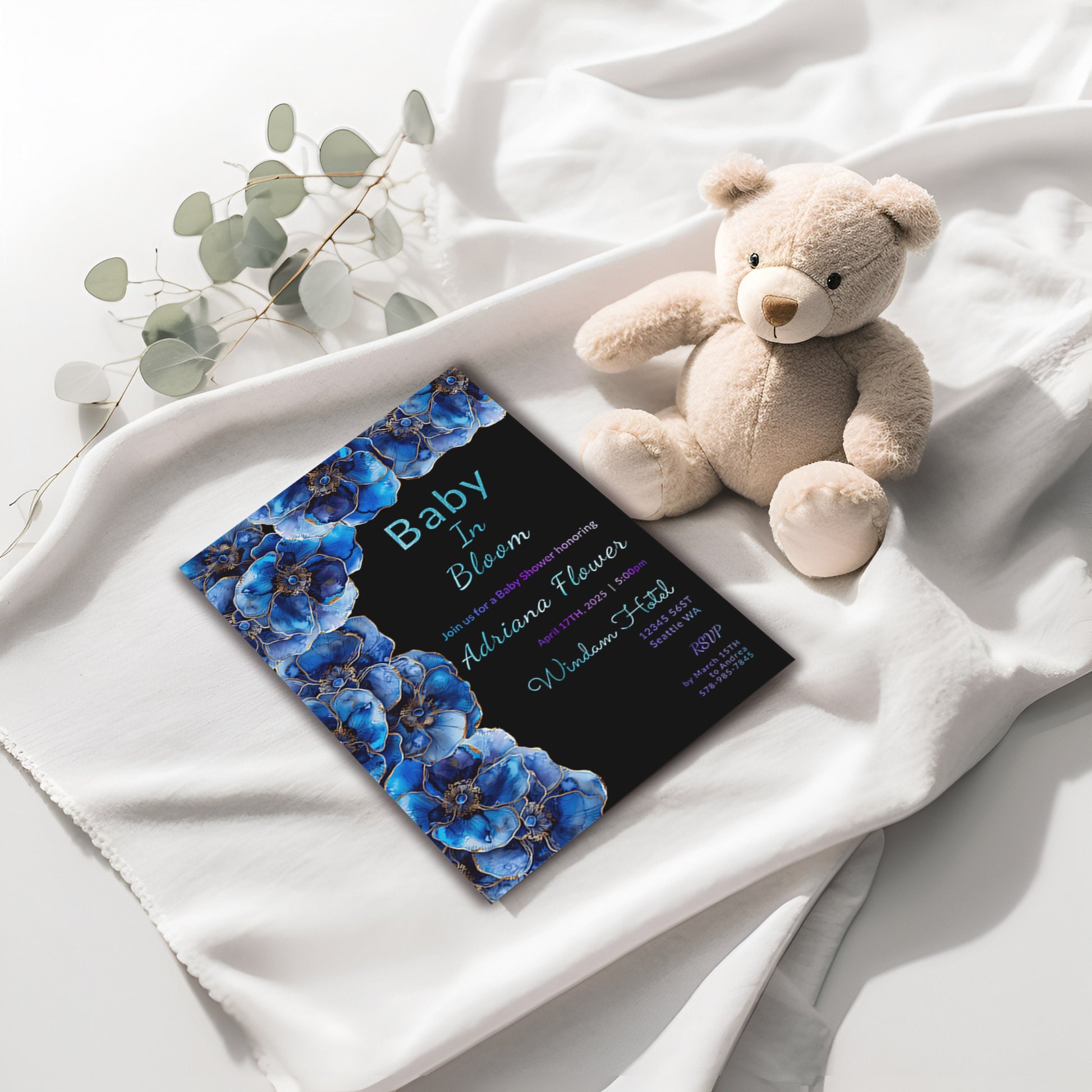 Blue Floral Baby Shower Invitation | Alcohol Ink Editable 5x7 Template | Baby in Bloom Digital Download