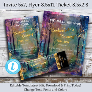 Editable Watercolor Enchanted Forest Prom Bundle | Invitation, Flyer & Ticket Set