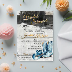 Blue Coastal Cowgirl Bridal Shower Invitation Template | Rustic Gold
