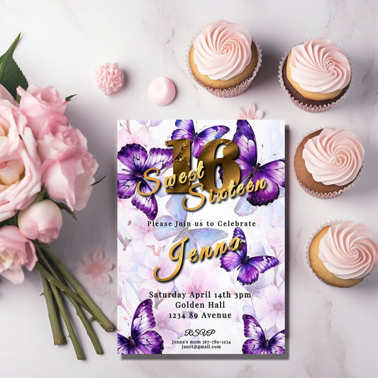 Butterfly Invitation Sweet 16 Editable Template