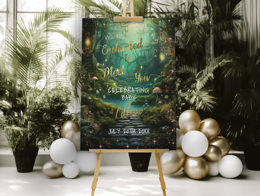 Enchanted Forest Welcome Sign - Editable Baby Shower Banner With Gold Foil Lettering