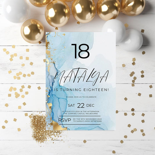Blue Alcohol Ink 18th Birthday Invitation – Editable Party Template