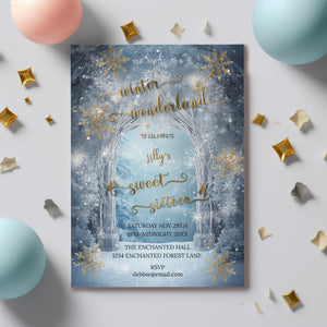 Winter Wonderland Invitation – Sweet 16 Editable Template With Gold Foil Design
