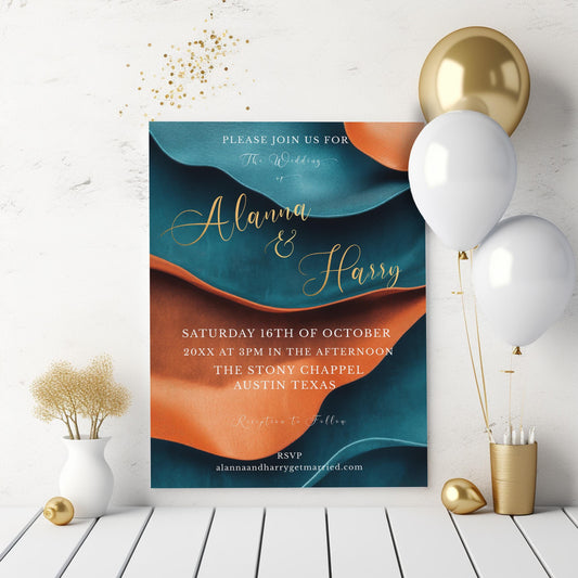 Terracotta and Teal Wedding invitation template-Teal Floral Invite-Editable-Evite-Printable-Elegant theme