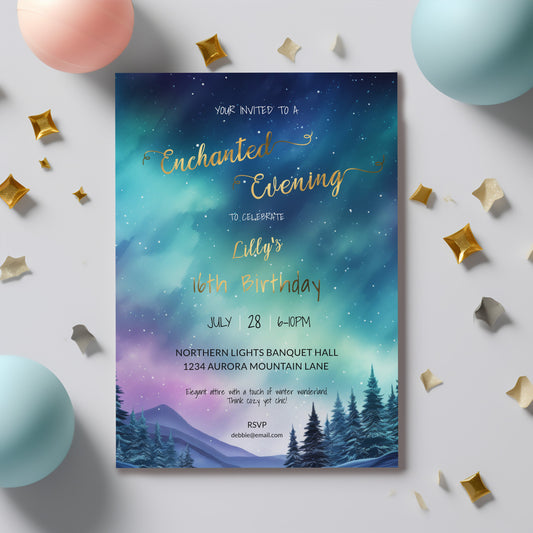 Northern Lights Sweet 16 Invitation | Aurora Borealis Editable Template