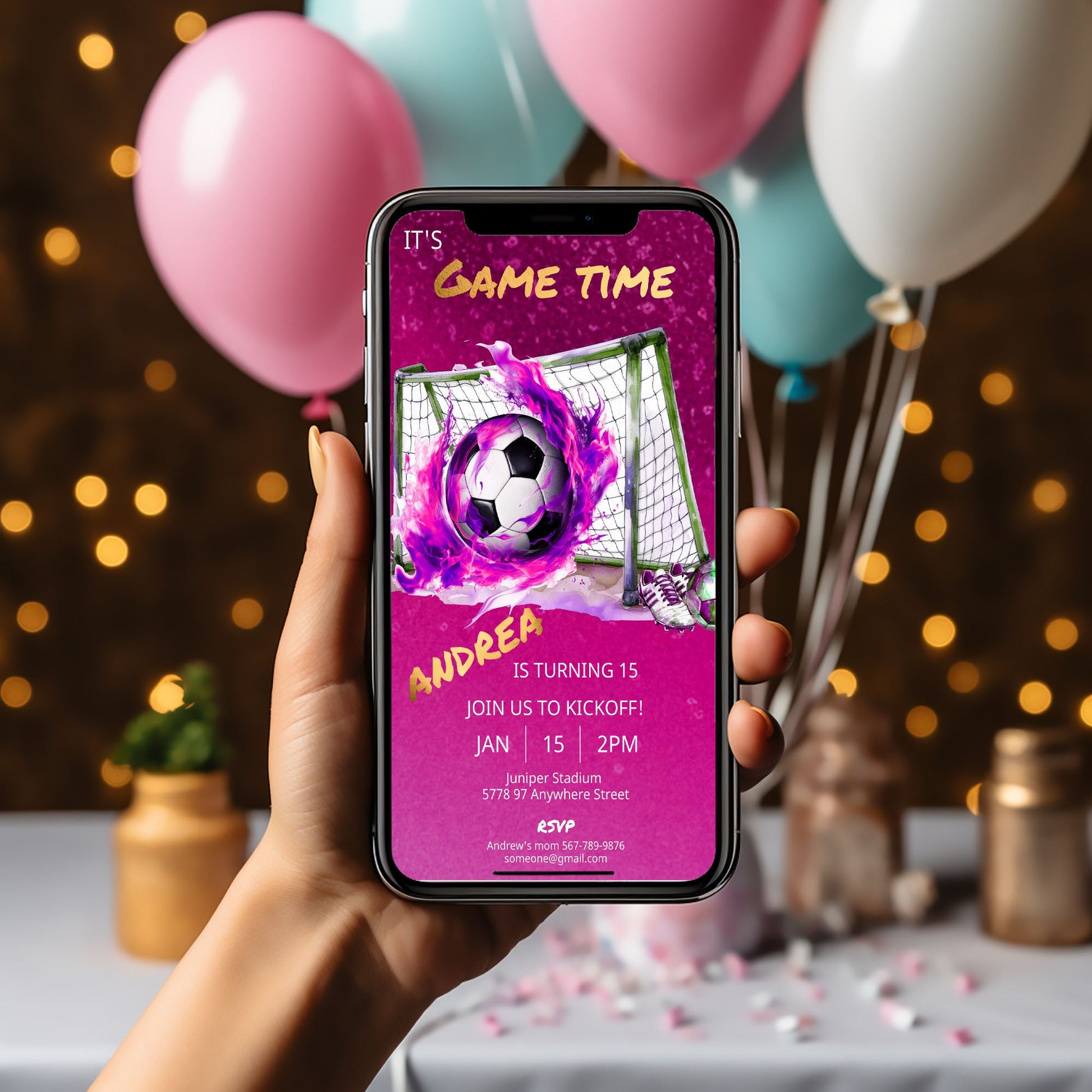 Pink Soccer Birthday Mobile Invite Template: Teen/Kids (Digital)