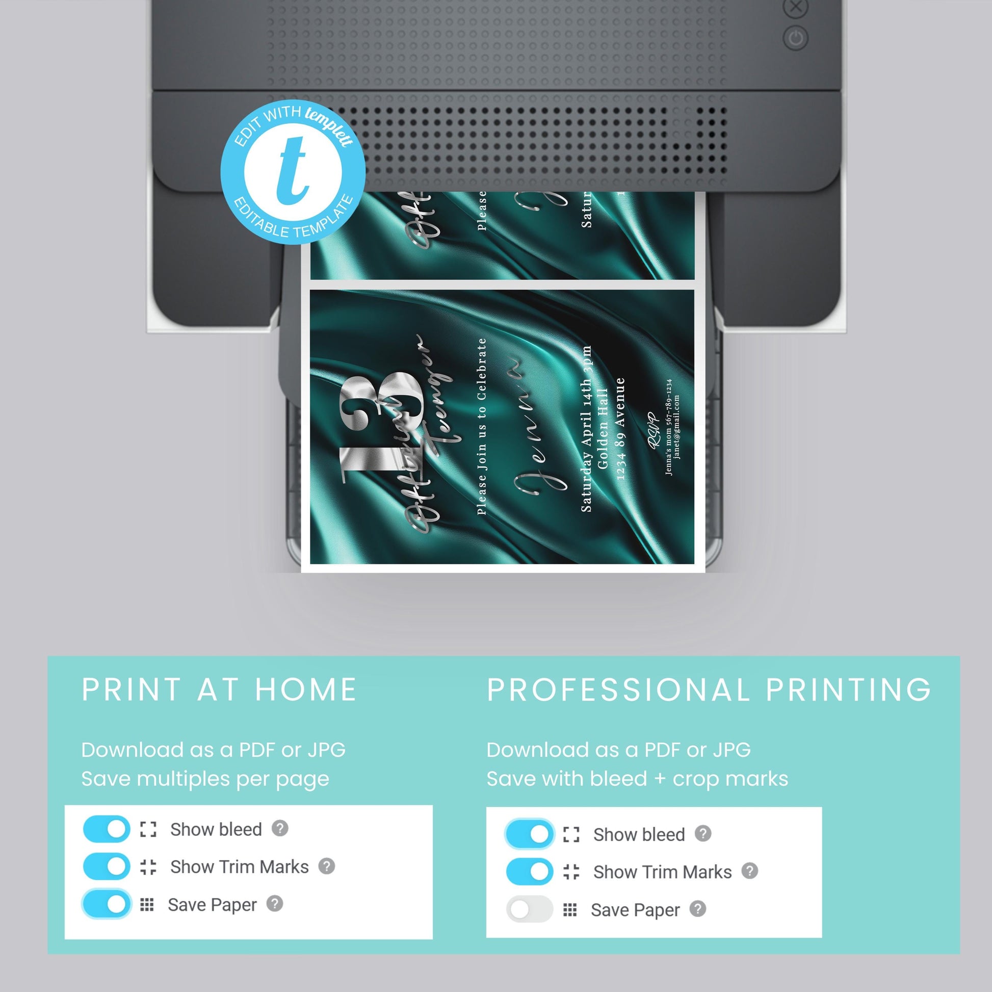 Teal & Silver 13th Birthday Invitation – Editable Teen Party Template