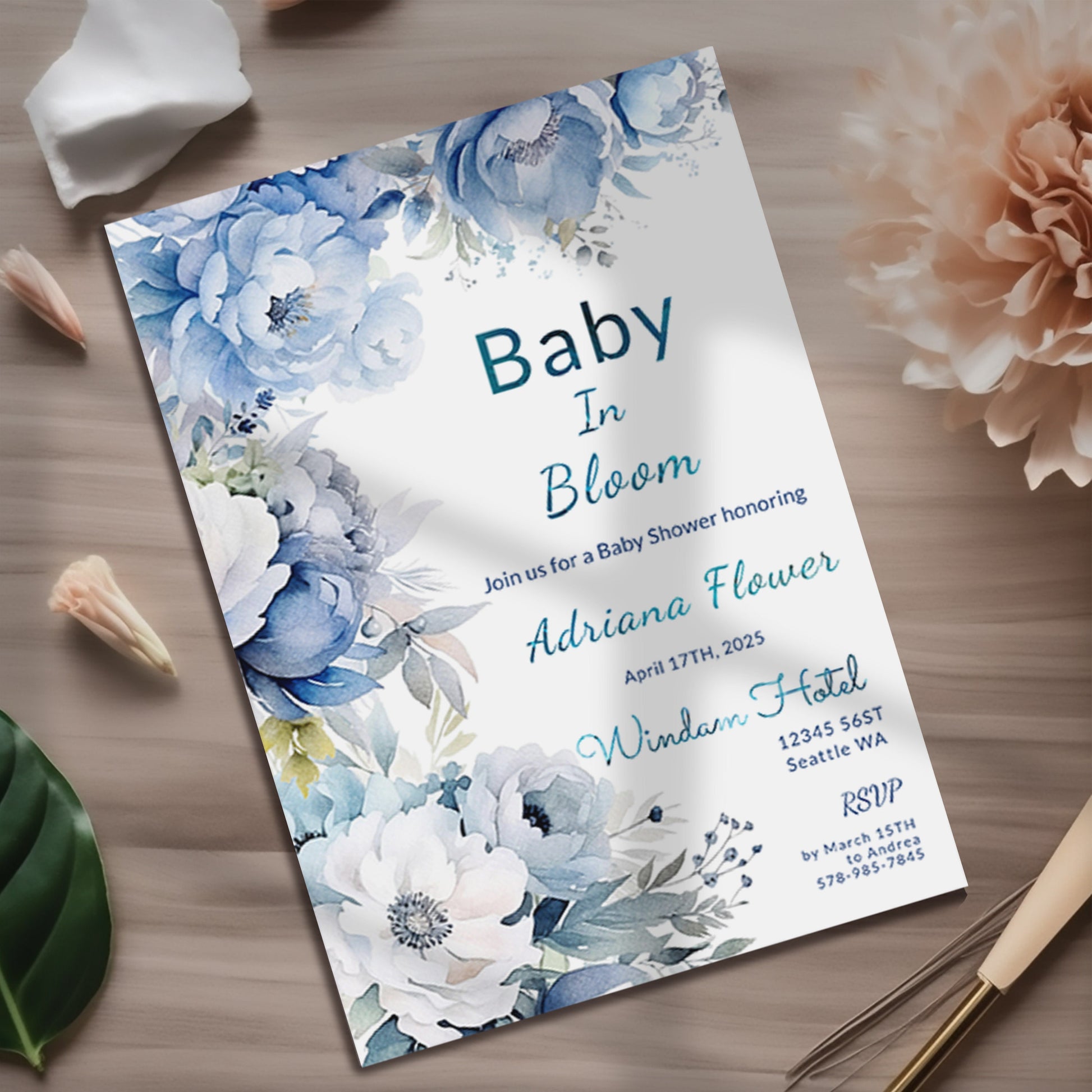 Dusty Blue Floral Baby Shower Invitation | Editable 5x7 Template | Watercolor Digital Download