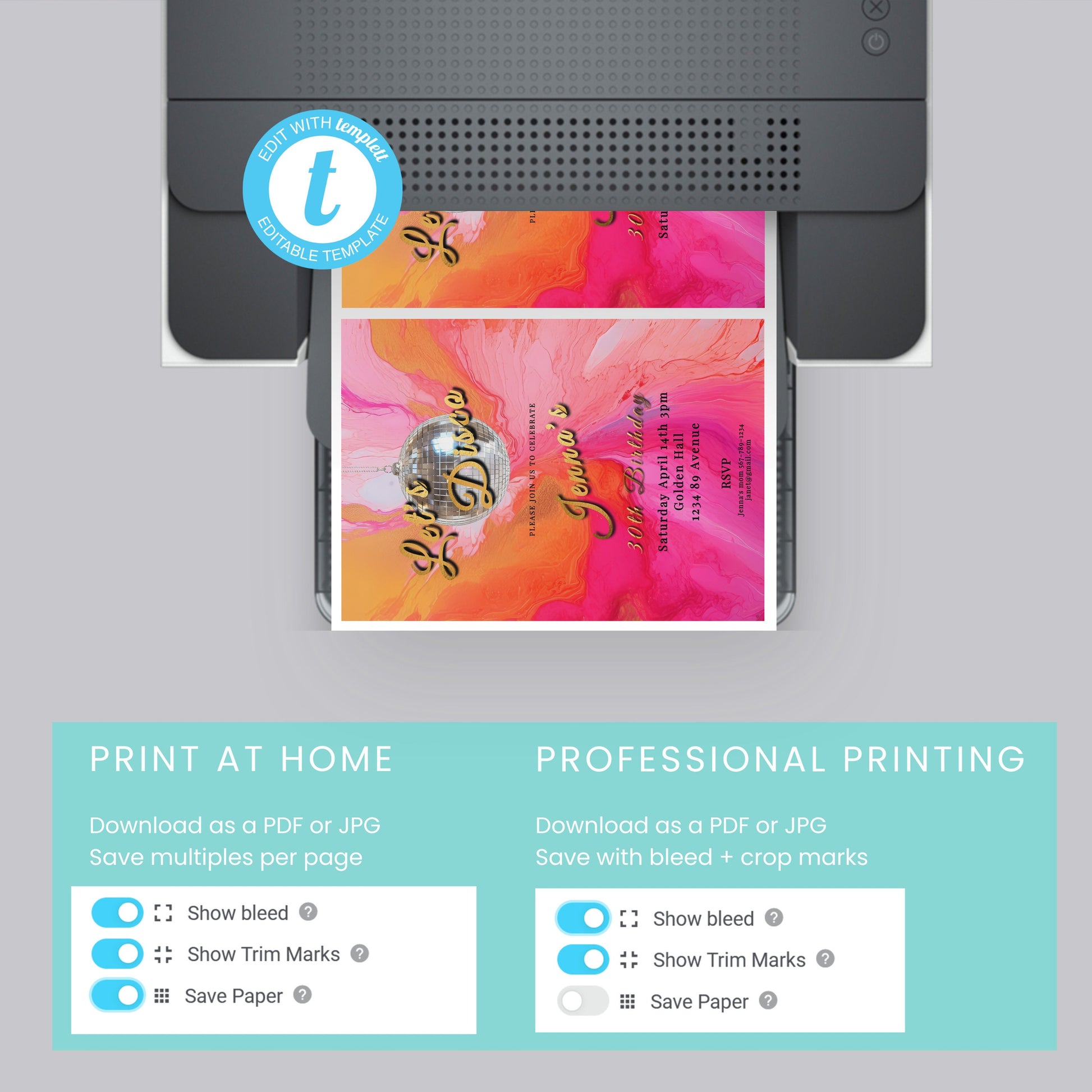 Retro Disco Birthday Invitation: Hot Pink, Orange, and Gold (Printable)