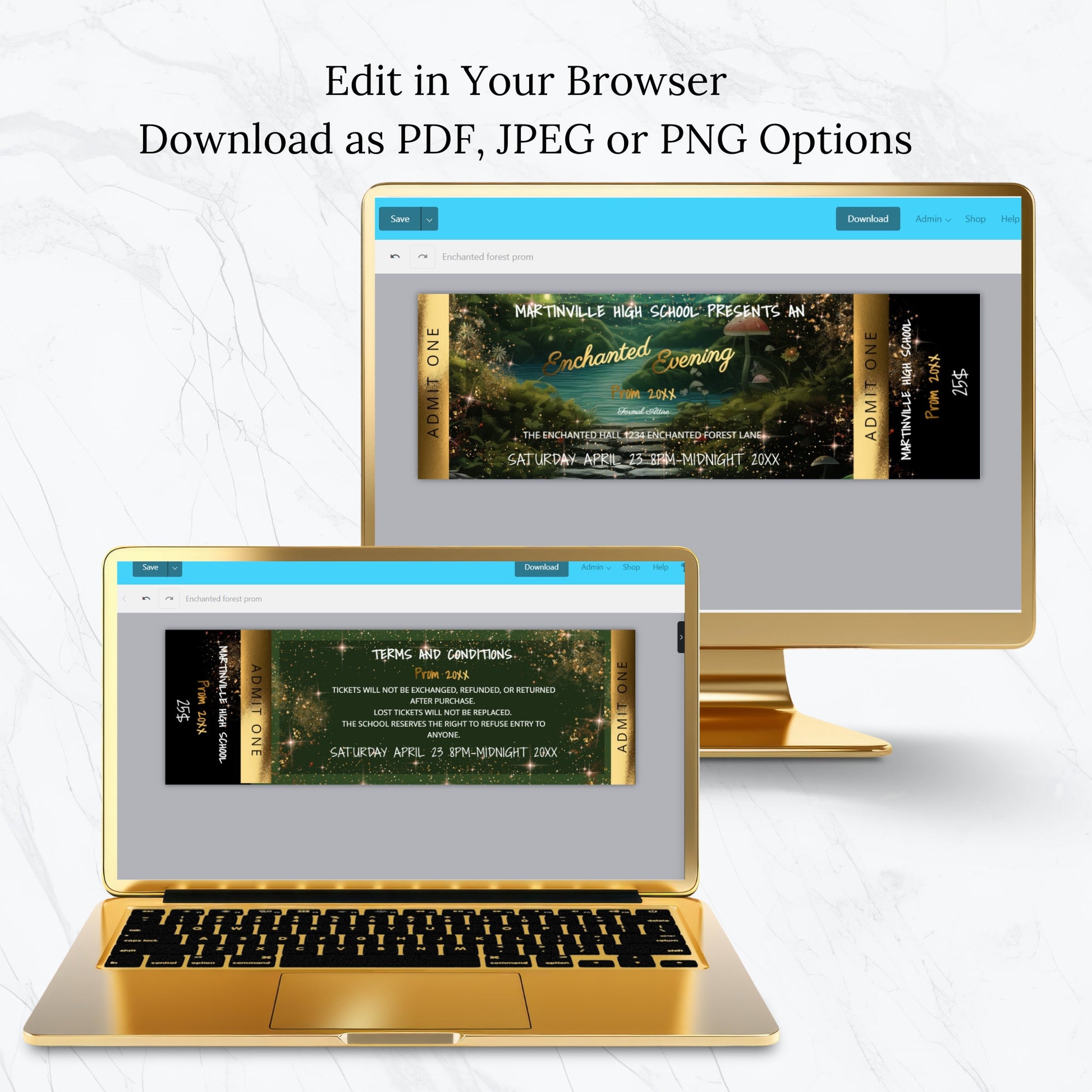 Enchanted Forest Prom Bundle – Editable Invitation, Flyer & Digital Ticket Kit