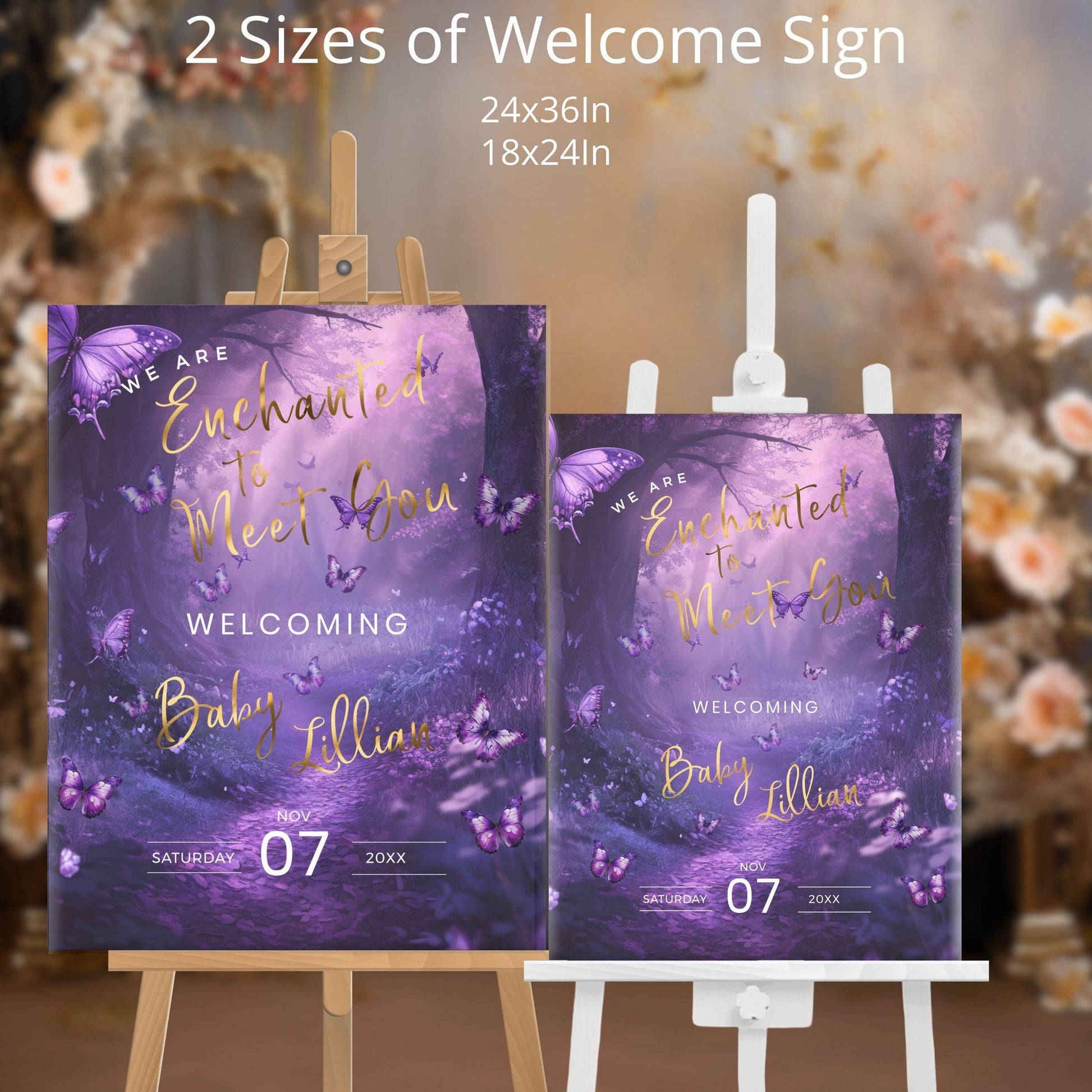 Enchanted Forest Baby Shower Welcome Sign – Purple Butterfly Editable Template
