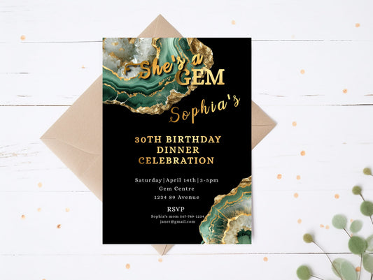 Green Gold Geode Invitation - Editable Wedding Invite With Gold Foil & Emerald Stone Design