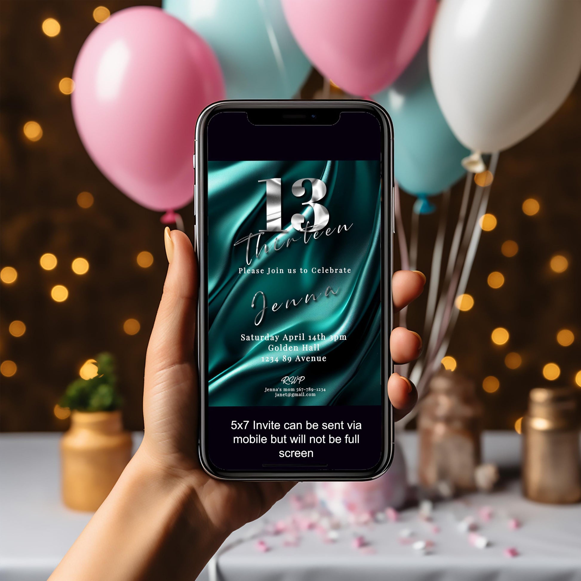 13th Birthday invitation girl teal-Invite Template - Official teenager-editable Digital Download, Teal and Silver-Teen Birthday