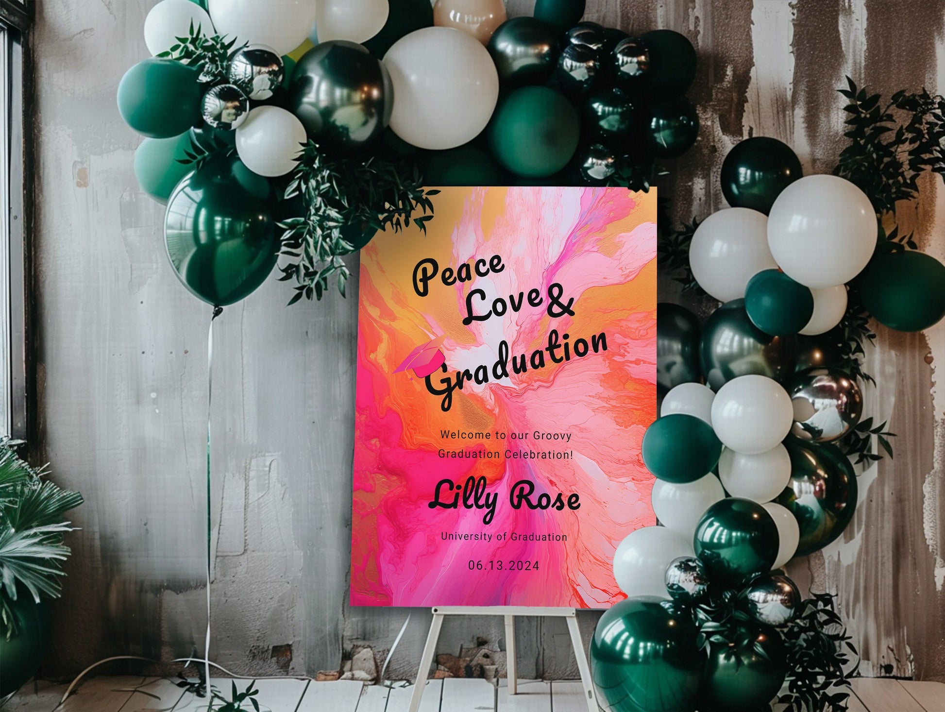 Groovy Retro Graduation Welcome Sign: Hot Pink & Orange Poster (Editable)