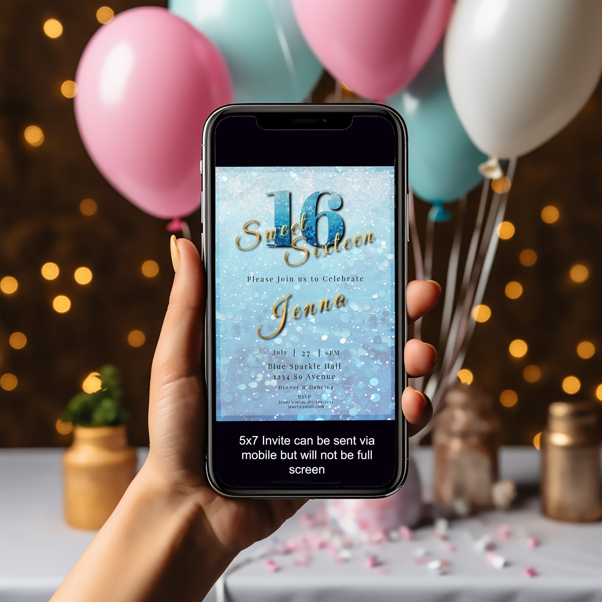 Sweet 16 Invitation Light Blue- blue and silver Glitter-Editable template-Evite-Printable-Blue Sparkles