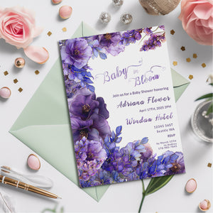 Purple Floral Baby Shower Invitation – Editable Digital Template