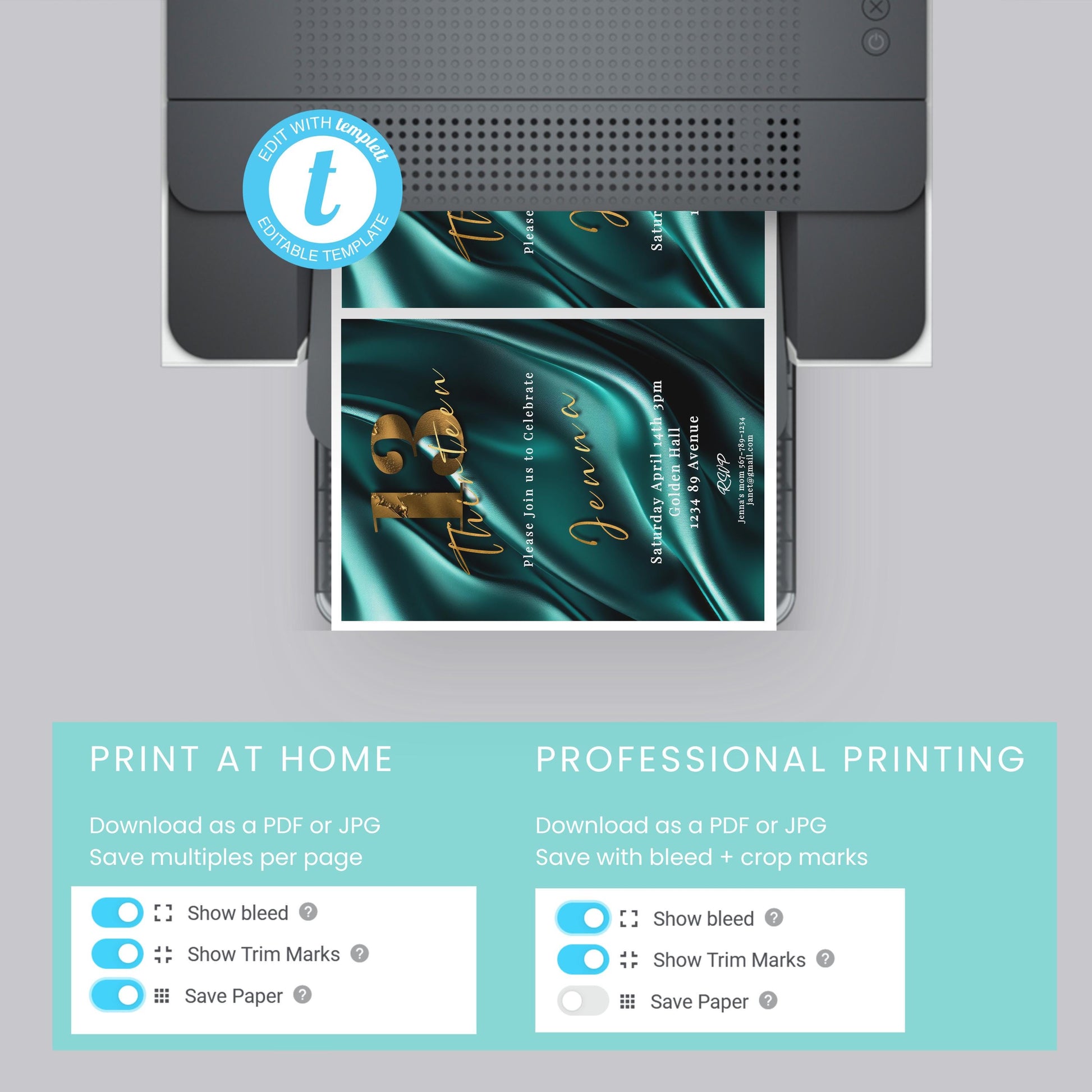 13th Birthday invitation girl teal-Invite Template - Official teenager-editable Digital Download, Teal and Gold-Teen Birthday