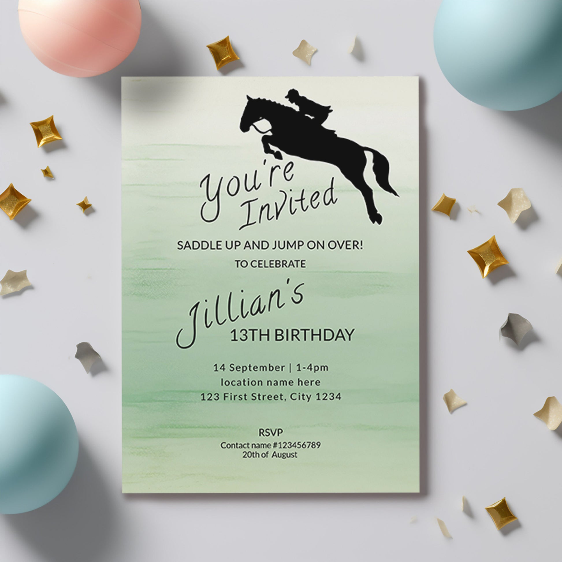Sage Green Horse Jumping Birthday invite