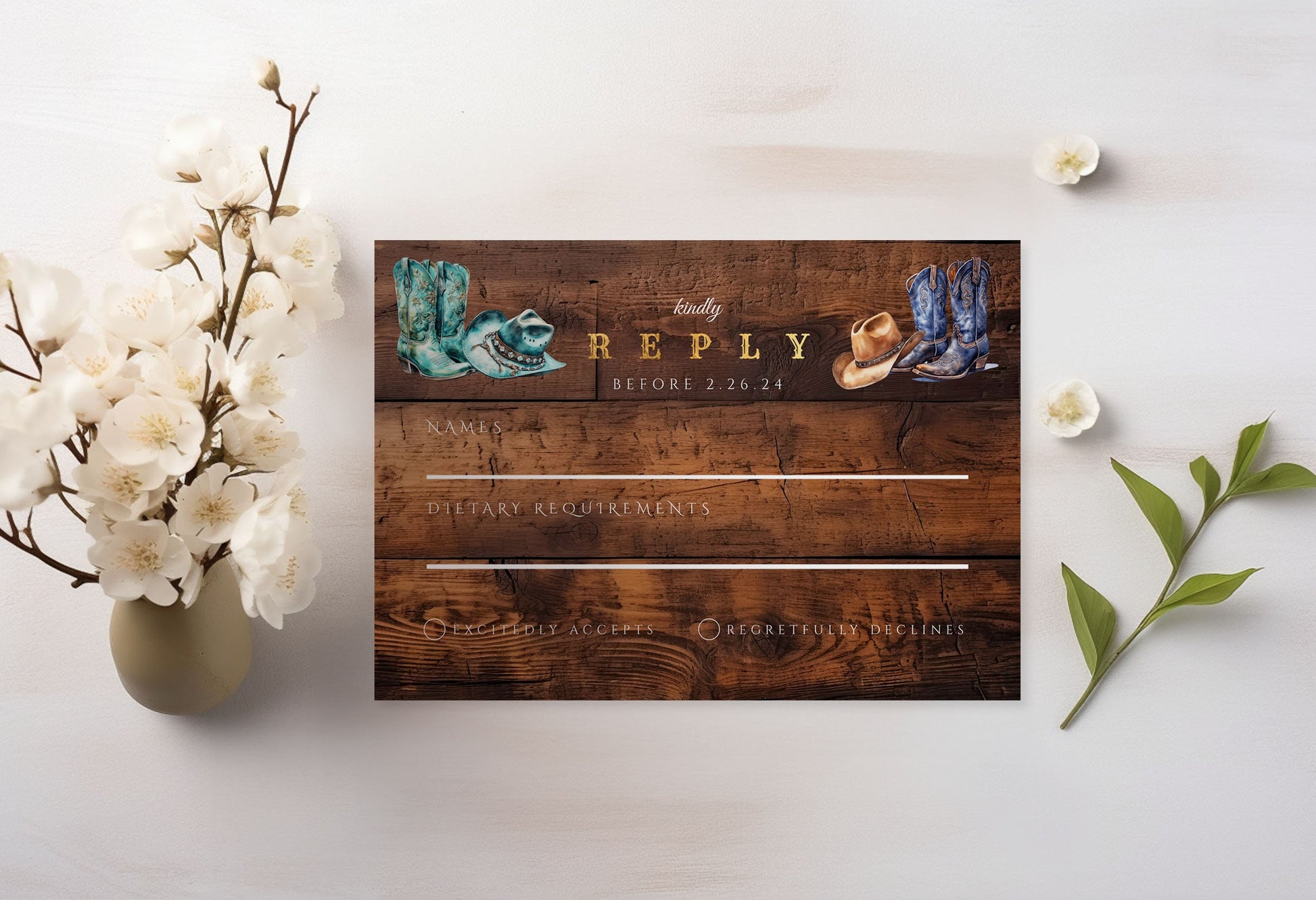 Turquoise Cowgirl Wedding Invite, RSVP & Details Card-Western Rustic Wedding-cowgirl boots-Template Editable - Gold Lettering, Printable