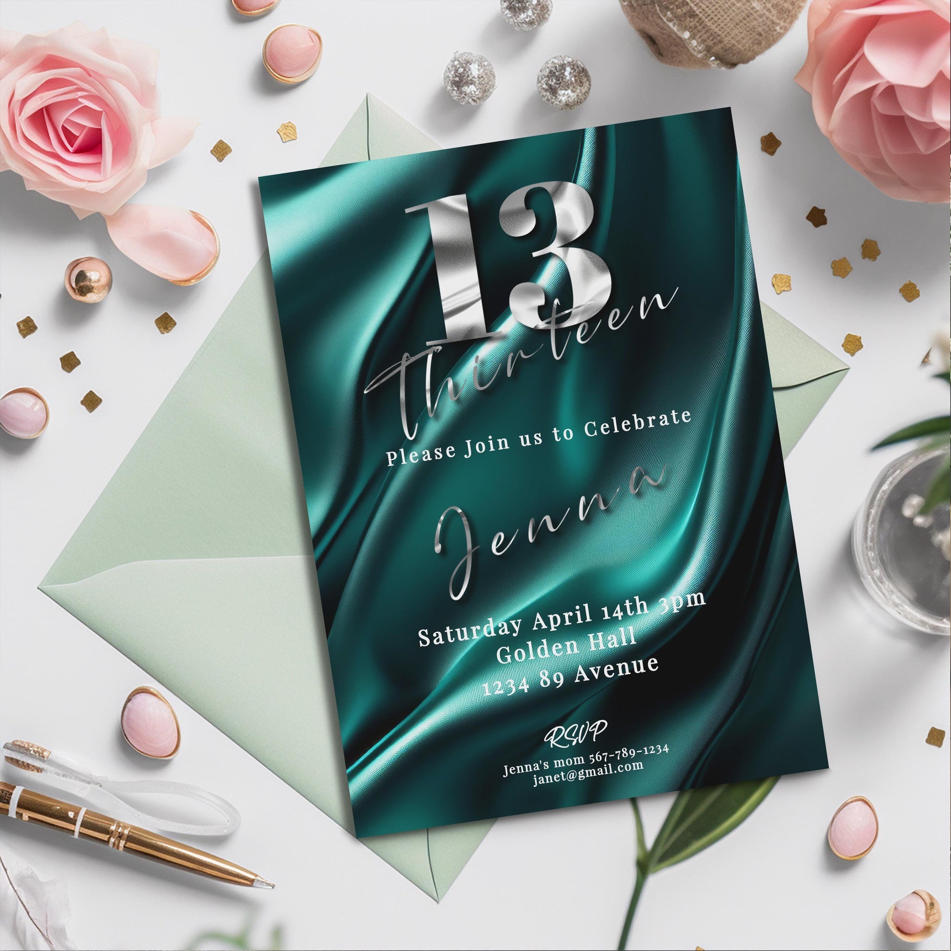 13th Birthday invitation girl teal-Invite Template - Official teenager-editable Digital Download, Teal and Silver-Teen Birthday