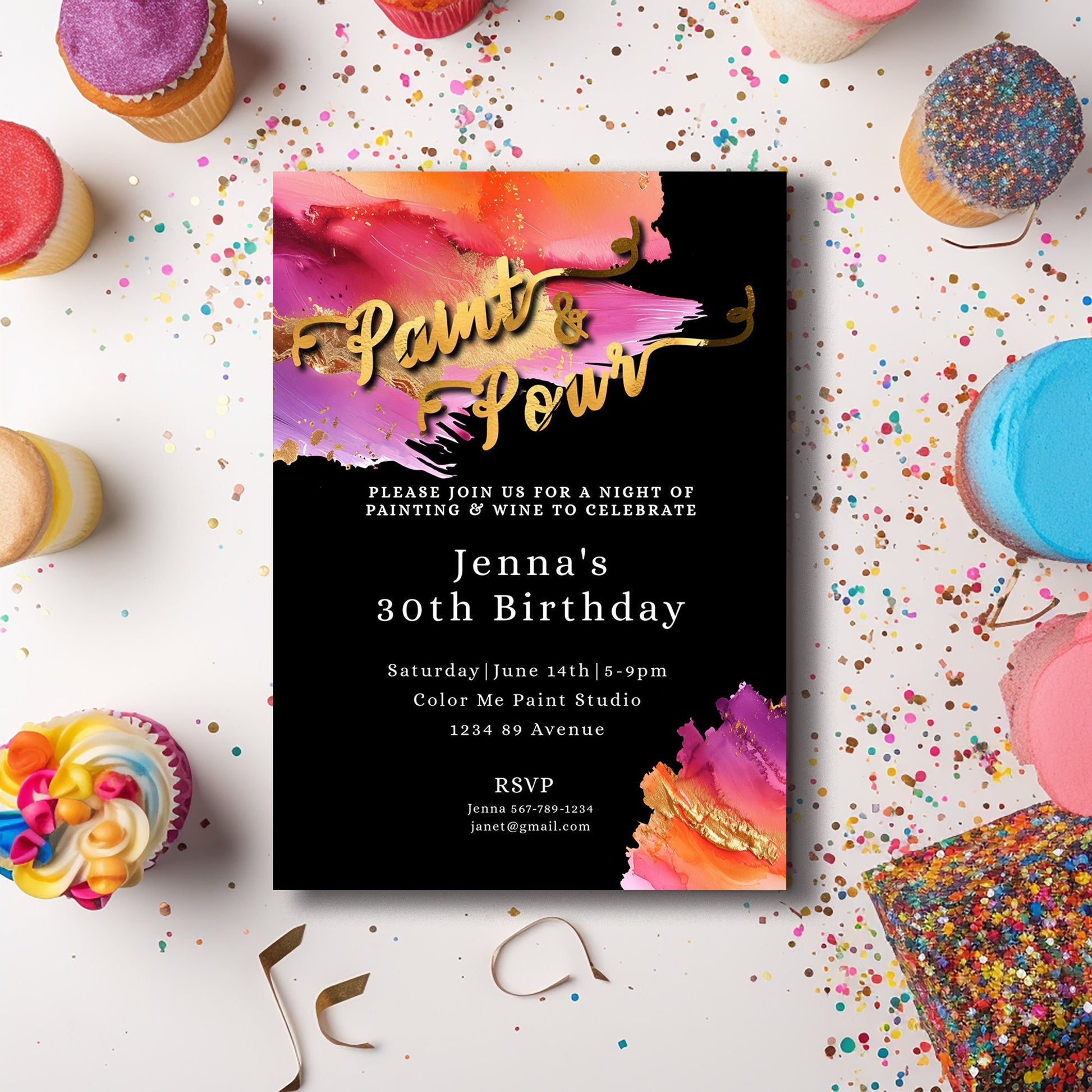 Paint & Pour Birthday Invitation | Editable 5x7 Art Party Template | Gold Foil Evite