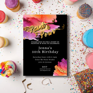 Paint & Pour Birthday Invitation | Editable 5x7 Art Party Template | Gold Foil Evite
