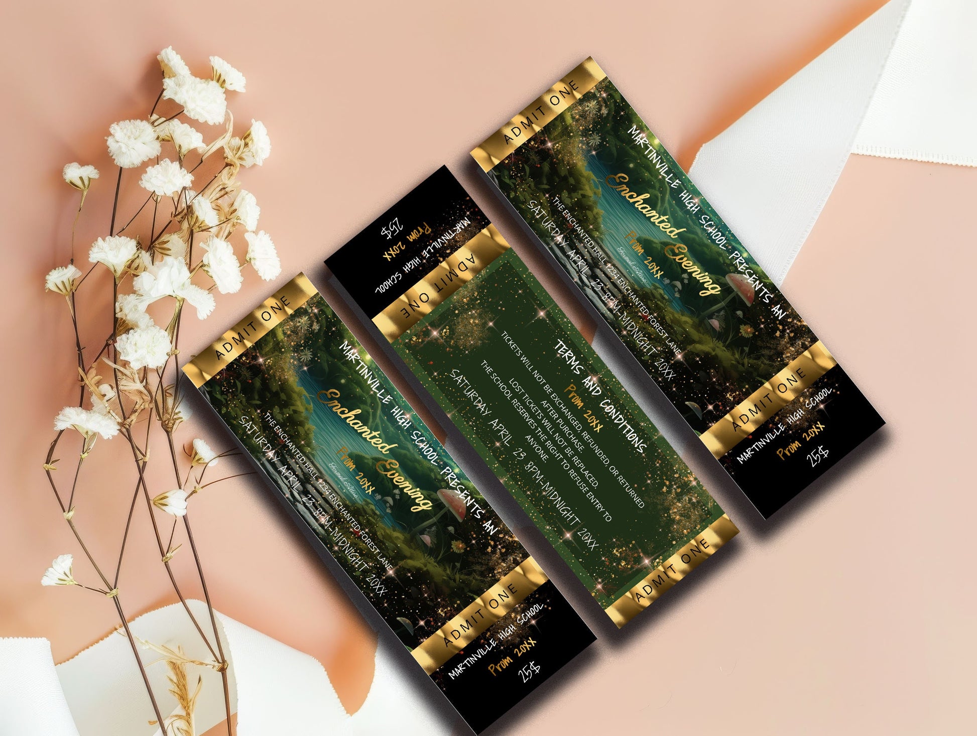 Enchanted Forest Prom Ticket – Editable Gold Foil Template | Custom Design