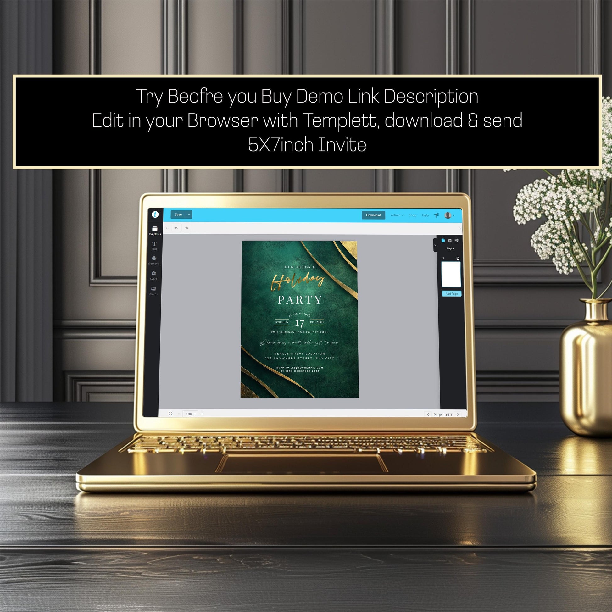 Emerald Green and Gold Christmas Holiday Party Invite 5x7 - Instant Download,  Formal party invitation