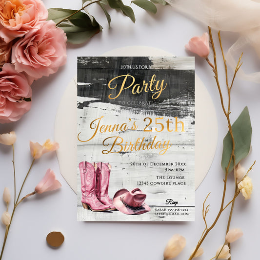 Pink Cowgirl Birthday Invitation: Rustic Western Party, 5x7 (Printable)