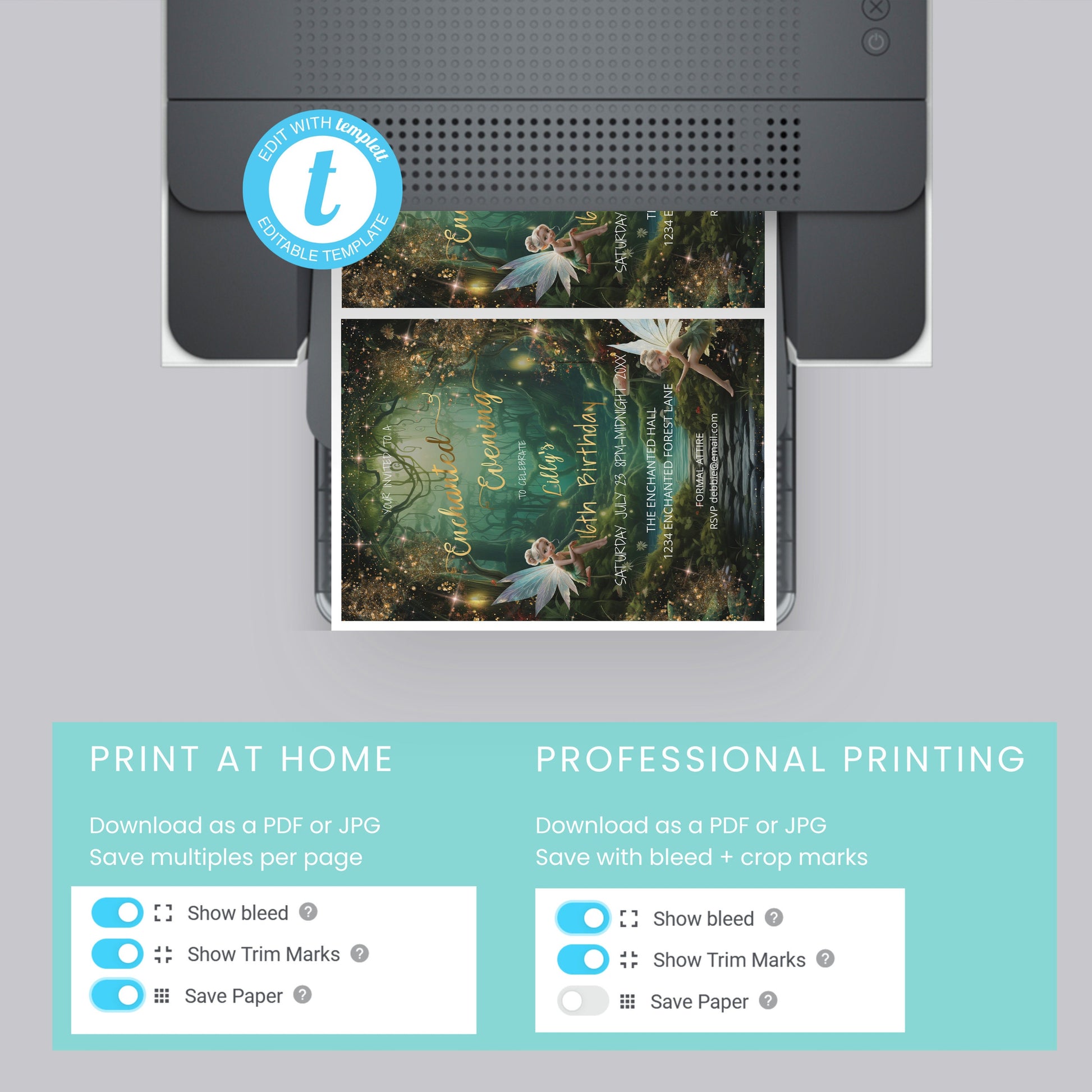 Emerald Green Enchanted Forest Sweet 16 Invitation – Fairytale Editable Template