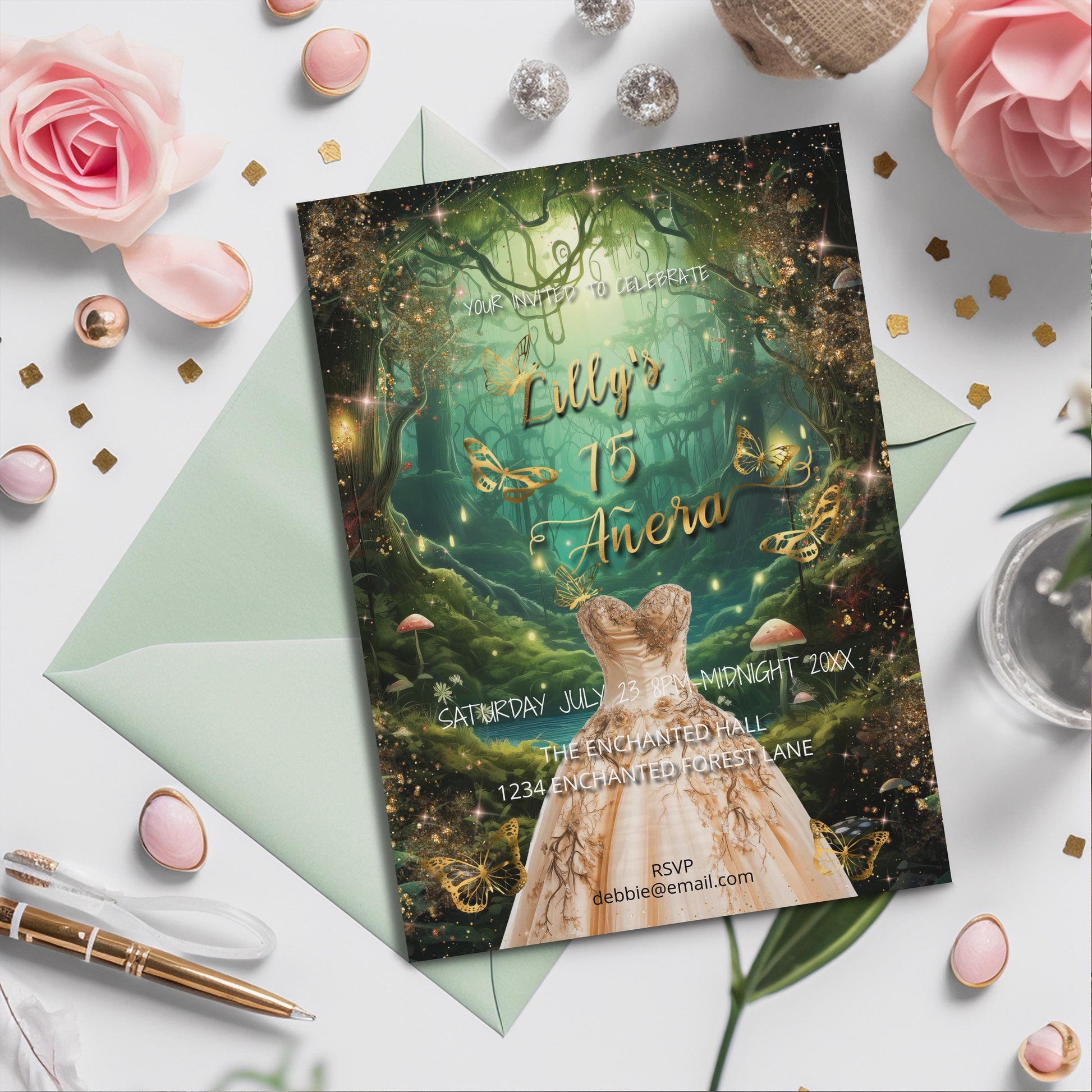 Enchanted Forest Quinceañera Invitation | Fairytale Garden 5x7 Editable Template | Magical Digital Download