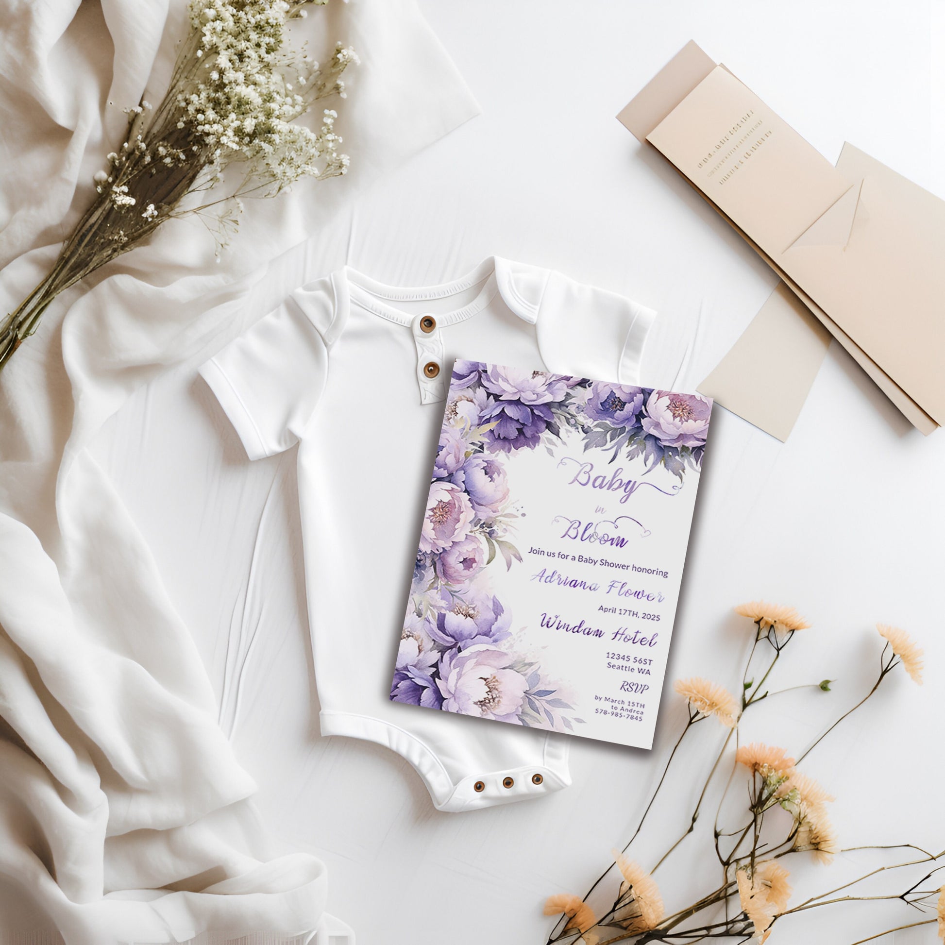 Lavender Floral Baby Shower Invitation – Editable Watercolor Template