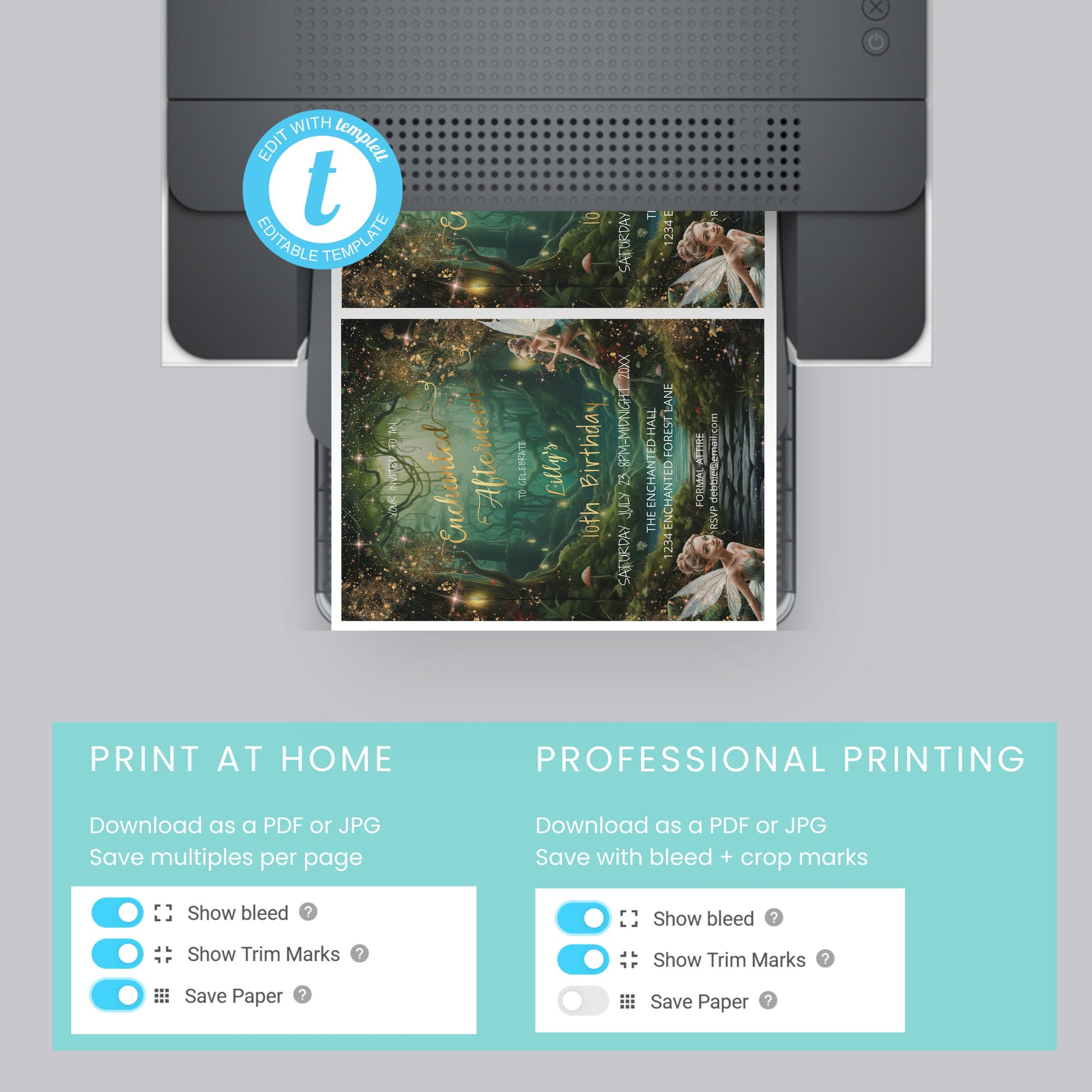 Emerald Green Enchanted Forest Birthday Invitation – Green & Gold Editable Template